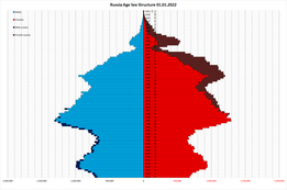 A population pyramid of Russia, before the Russian Invasion of Ukraine. From the ages 5-15, there appears to be a significant increase in people, which is likely due to the baby boom observed in the mid-2000s to the late-2010s, similar to Ukraine. Russian population (demographic) pyramid (structure) on January, 1st, 2022.png