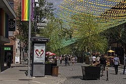 A partial view of Montreal's Gay Village, with Beaudry Metro station to the left.
