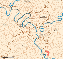 Location (in red) within Paris inner and outer suburbs