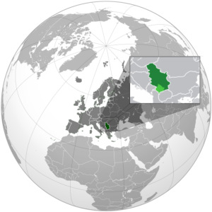 Сербия на карте мира. Светло-зелёным обозначена территория, контролируемая частично признанной Республикой Косово