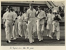 English cricket team at the Test match at the Brisbane Exhibition Ground in 1928. England won by a record margin of 675 runs. StateLibQld 1 233112 English cricket team at the test match held in Brisbane, 1928.jpg