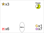 Interface de Super Mario Galaxy. En haut à gauche, le nombre de missions réussies dans le jeu, puis, en tournant dans le sens horaire : l'énergie restante, le nombre de pièces et de fragments d'étoiles obtenus dans le niveau, le personnage dirigé par le joueur, et enfin le nombre de vies restantes.