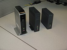 Front shot Teradici PCoIP zero clients. From left to right Tera1, Tera2 (four ports) and Tera2 (two ports) Teradici zero clients tera1 tera2 (2-port) and tera2 (4-port).JPG