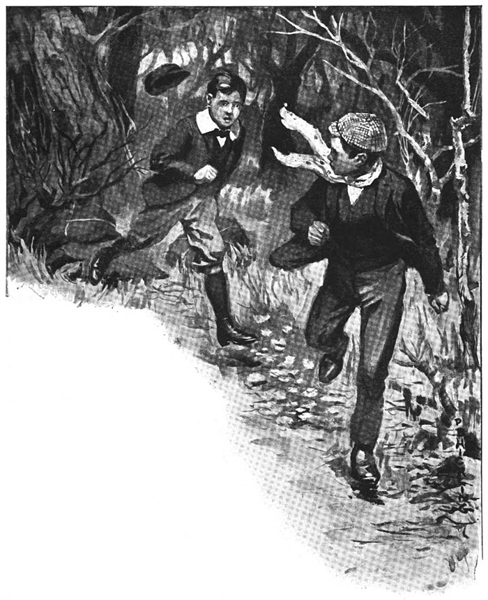 Illustration of a two frightened boys running through woods in autumn