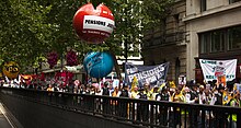 Striking teachers and public sector workers march down the Kingsway, London, flanked by police on 30 June, as part of the 2011 United Kingdom anti-austerity protests. The march.jpg