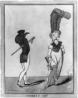1796 fashion caricature by Richard Newton parodying a woman's headdress using exaggeration. Tippies-of-1796-caricature.jpg