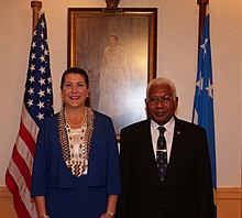 US ambassador Erin Elizabeth McKee with Governor-General Sir David Vunagi, 2020 U.S. Ambassador Erin Elizabeth McKee Presents Credentials to Solomon Islands Governor General.jpg