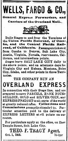 Wells, Fargo & Co. 1868 display advertisement from The Salt Lake Daily Telegraph (Utah Territory) Wells, Fargo & Co. Display Ad 1868.jpg