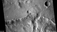Northern wall of Teisserenc de Bort Crater showing dark slope streaks, as seen by CTX camera (on Mars Reconnaissance Orbiter). Note this is an enlargement of the previous image.