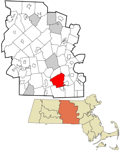 薩頓在烏斯特縣及麻薩諸塞州的位置（以紅色標示）