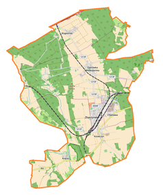 Mapa konturowa gminy Zbąszynek, blisko centrum u góry znajduje się punkt z opisem „Parafia Niepokalanego Poczęcia Najświętszej Maryi Panny i św. Jakuba Apostoła”