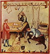 A 14th-century butcher shop. A large pig is being bled in preparation for slaughter. A whole pig carcass and cuts are hanging from a rack and various cuts are being prepared for a customer. 13-alimenti,carni suine,Taccuino Sanitatis, Casanatense 4182.jpg