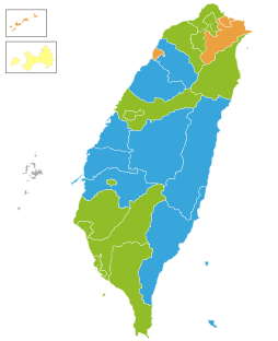 Stimmenstärkste Parteien in den Wahlkreisen: ﻿Kuomintang ﻿DPP ﻿Qinmindang ﻿Xindang ﻿Sonstige und Unabhängige