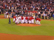 The Red Sox celebrate their clinching of the 2003 AL Wild Card with a victory over the Baltimore Orioles. 2003-09-25 - Fenway Park 11.jpg