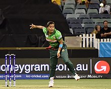 Nahida bowling for Bangladesh during the 2020 ICC Womenʼs T20 World Cup