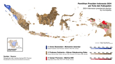 2024 Indonesian presidential election results map by city and regency (alternate colour scheme).svg