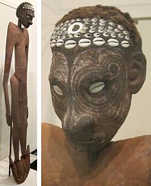 Ancestor figure with skull, Sepik, Iatmul people. Ancestor figure with skull, Papua New Guinea, Middle Sepik, Iatmul people, wood, skull, shells and human hair, HAA.jpg