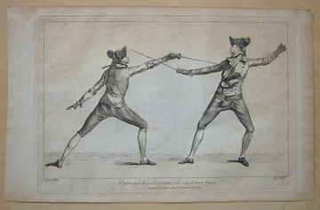 1763 fencing print from Domenico Angelo's instruction book. Angelo was instrumental in turning fencing into an athletic sport. Angelo Domenico Malevolti Fencing Print, 1763.JPG