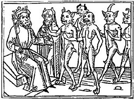 Белиал и некоторые из его последователей. Гравюра на дереве, из книги Якоба де Терамо «Buche Belial» (1473)