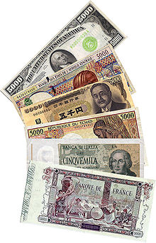 A montage of bills/notes of different currencies.