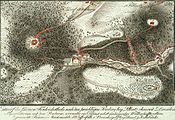 Karte um 1850 mit Borsberg (a), künstlicher Ruine (b), Meixmühle  (c), Wasserfällen (d) und Rosenhügel (e)