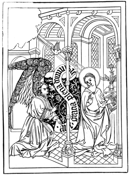 THE ANNUNCIATION The original (11½ in. by 8½ in.) is pasted inside the cover of an old manuscript book in the Spencer Library.