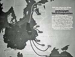 A German map produced after the defeat of Poland in 1939 calling for German-descendant settlers in eastern Europe to return to the Warthegau Bundesarchiv R 49 Bild-0705, Polen, Herkunft der Umsiedler, Karte.jpg