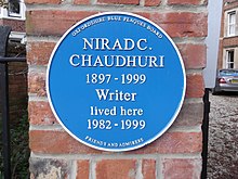 The blue plaque for Nirad Chaudhuri in Lathbury Road, North Oxford.