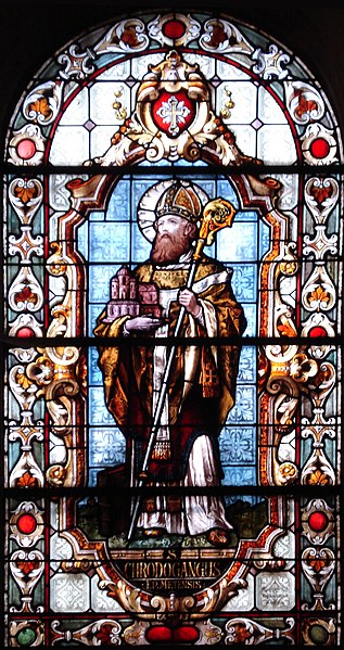 Den hellige Chrodegang av Metz, glassmaleri i kapellet Sainte-Glossinde i Metz