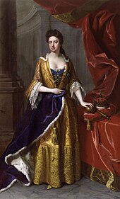 A full length portrait of a pale-skinned woman standing, left arm resting on an orb, itself on a cushion supported by a table. Next to the orb is a crown and sceptre. Thick red curtains frame the woman, who is dressed in yellow. Her right arm holds an violet ermine robe. Stone columns are visible behind her.