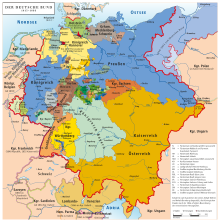 The German Confederation 1815-1866. Prussia (in blue) considerably expanded its territory. Deutscher Bund.svg