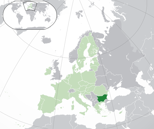 Расположение Болгарии (тёмно-зелёный):— в Европе (светло-зелёный и тёмно-серый)— в Европейском союзе (светло-зелёный)