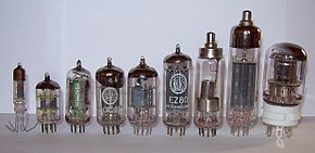 Later thermionic vacuum tubes, mostly miniature style, some with top cap connections for higher voltages Elektronenroehren-auswahl.jpg