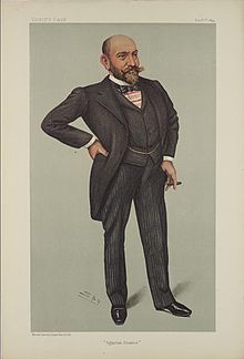 Old colored drawing of a balding man with a pointed beard and a full moustache wearing a in a 19th-century black-and-grey suit with a red striped shirt, white collar and cuffs, black bow tie and a chain for a watch across his waistcoat, a small cigar in his left hand, his right hand on his hip, facing 1/4 to his left
