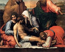 弗拉·巴爾托洛梅奧的《哀悼基督之死（義大利語：Compianto sul Cristo morto (Fra Bartolomeo)）》，158 × 199cm，約作於1511－1512年，來自吉安卡洛·德·美第奇（英语：Giancarlo de' Medici）樞機的收藏[13]