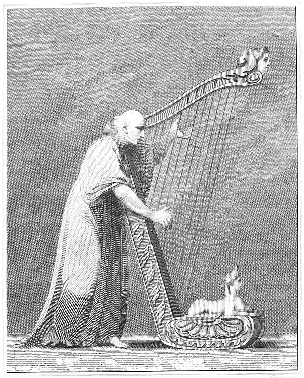 Engraving of a bald man in a robe playing an ornate harp with a sculpted sphinx at its base