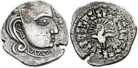 Silver head of Skandagupta, peacock on reverse, 455-467. Style of the Western Satraps.[102][103][62]