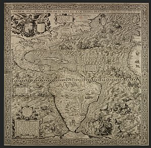 Americae Sive Quartae Orbis Partis Nova Et Exactissima Descriptio by Diego Gutierrez, the largest map of the Americas until the 17th century, and the first map to use the name "California". British Library, London. Gutierrez, the Americas, 1562.jpg