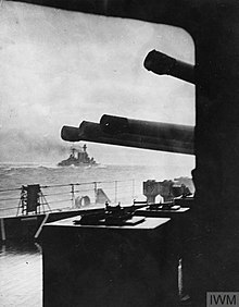 The battlecruiser HMS Hood (in the distance) steaming into battle minutes before she was sunk by the German battleship Bismarck on May 24, 1941. HOOD023.jpg