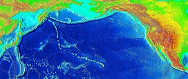 Elevation of the Pacific seafloor, showing the Hawaiian-Emperor seamount chain stretching northwest from the Hawaiian Islands