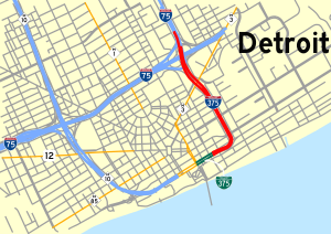 Map of downtown Detroit with I-375 and BS-375 ...