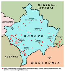 Map showing sites in Kosovo and southern Central Serbia where NATO used munitions with depleted uranium Kosovo uranium NATO bombing1999.png