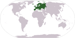 Deutsch: Weltkarte mit Fokus auf Europa Englis...