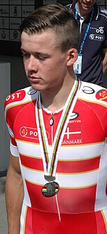 Mads Pedersen en 2013 lors de la course en ligne masculine des juniors aux championnats du monde.