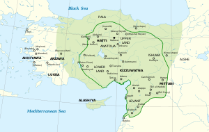 Imperiul Hitit la momentul expansiunii maxime. Hotarul hitit în 1350-1300 î.Hr. reprezentat prin linia verde.