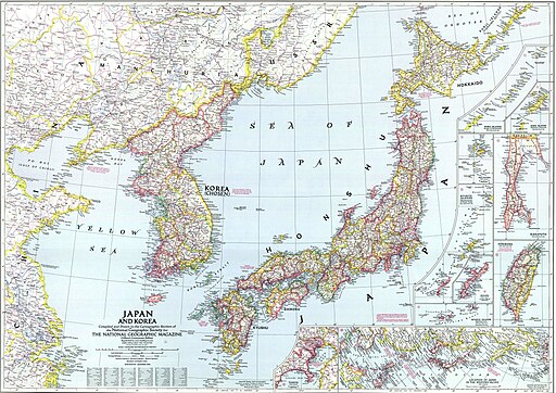 1945 National Geographic map of Korea, showing Japanese placenames & provincial boundaries.
