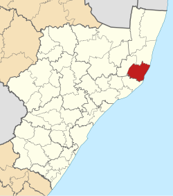 Kaart van Suid-Afrika wat Mtubatuba in KwaZulu-Natal aandui