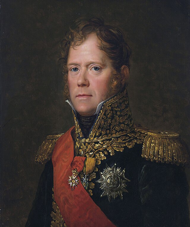 Painting shows a clean-shaven, red-haired man in a dark military uniform with lots of gold lace.