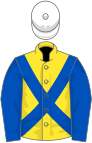 Yellow, Blue cross belts and sleeves, White cap