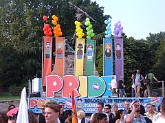 LGBT publications, pride parades, and related events, such as this stage at Bologna Pride 2008 in Italy, increasingly drop the LGBT initialism instead of regularly adding new letters, and dealing with issues of placement of those letters within the new title. Palco BolognaPride08.jpg